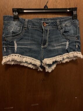 Almost Famous Blue Distressed Denim Shorts with White Fringe Hem
